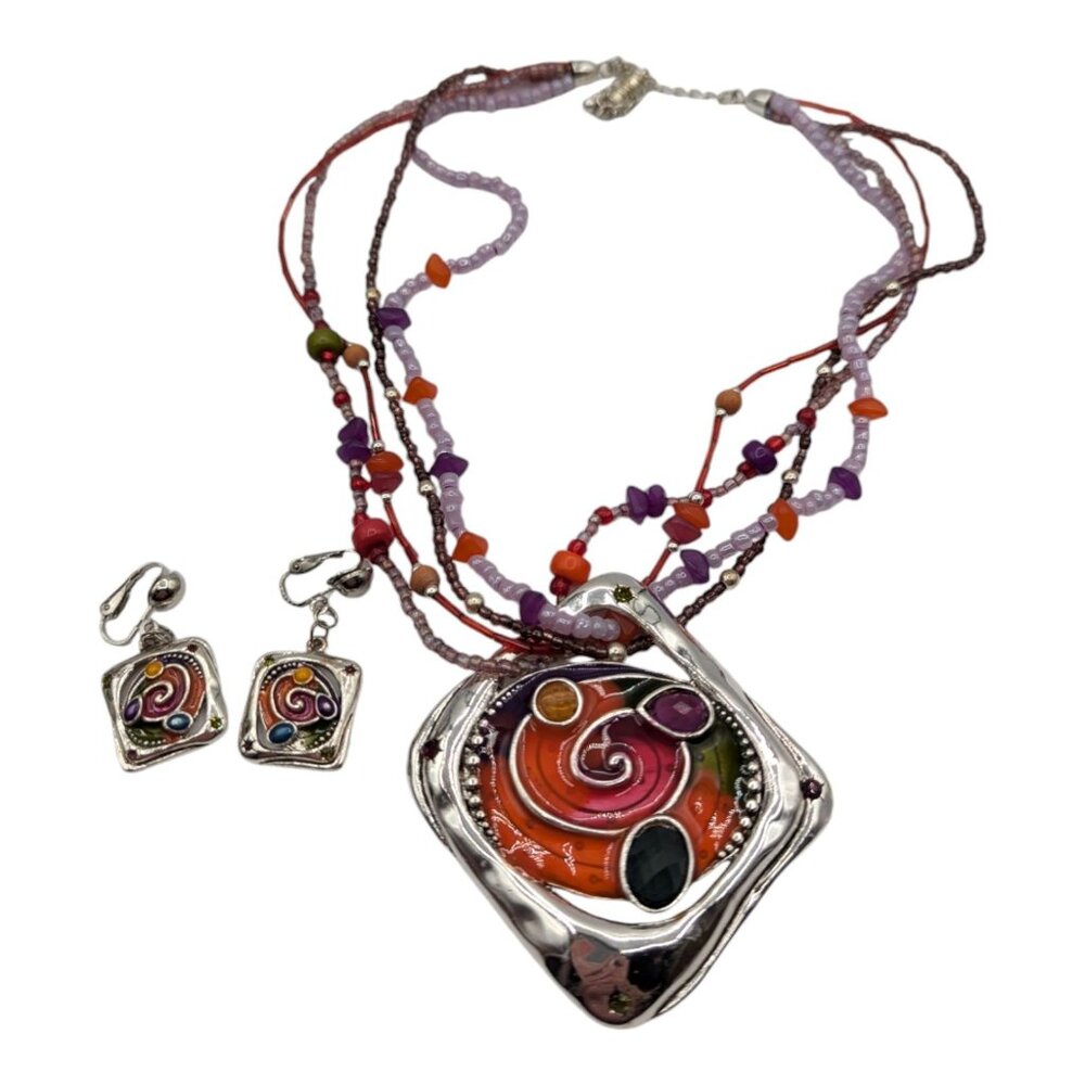 Boho Colorful Beaded Necklace & Earrings Set With Abstract Pendant Demi Parure